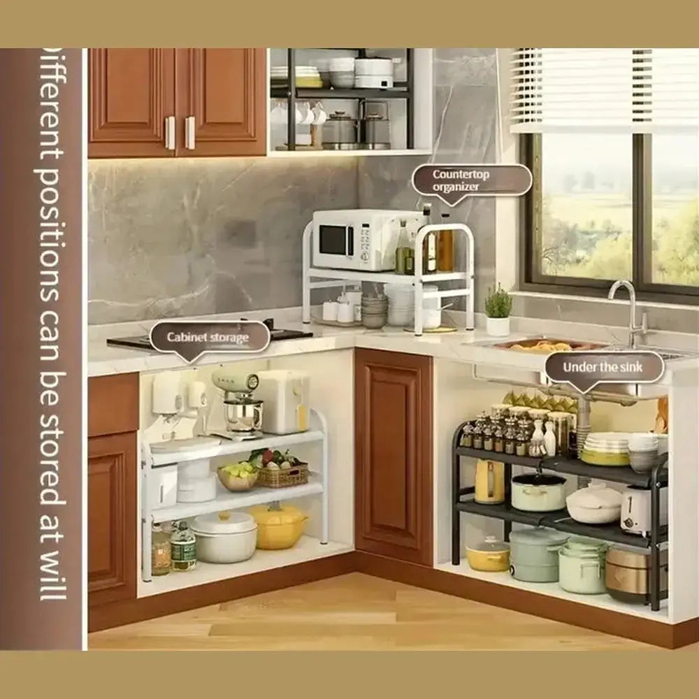 Expandable under-sink shelf organizer for optimal cabinet storage solutions and easy access to kitchen essentials.