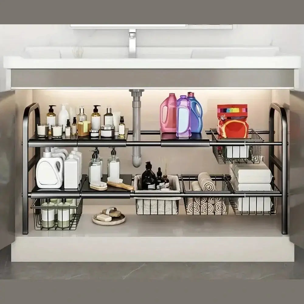 Expandable under-sink shelf organizer showcasing adjustable layers for optimal storage and easy visibility of items under the sink.