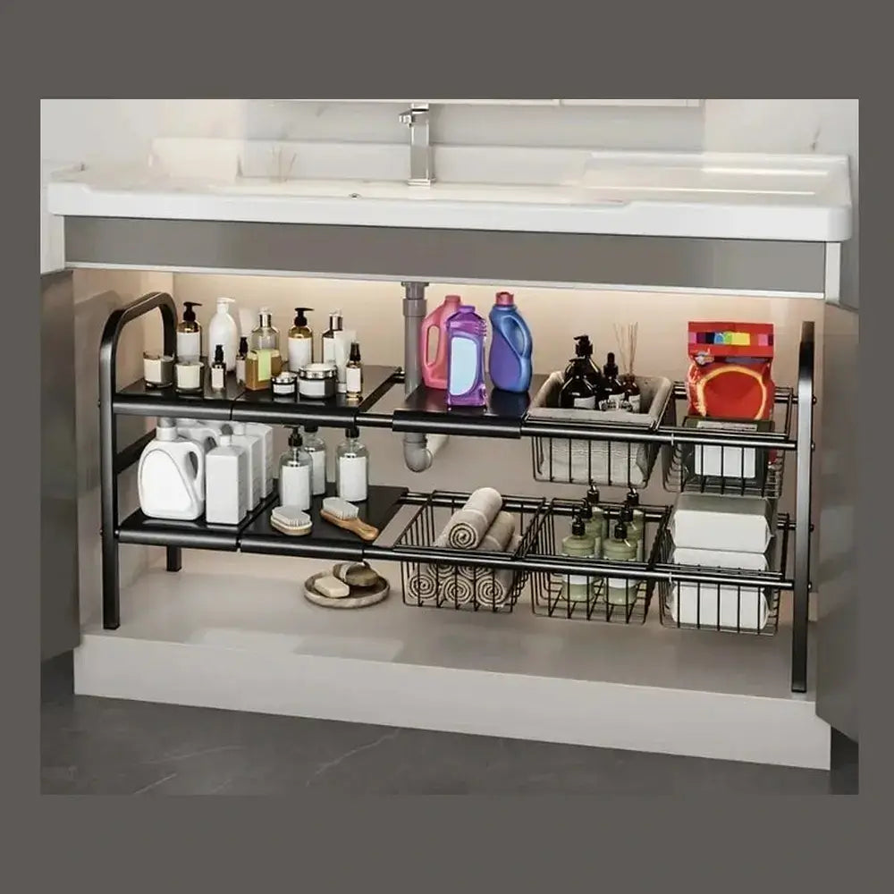 Expandable under-sink shelf organizer showcasing adjustable storage for easy access to cleaning products and toiletries.