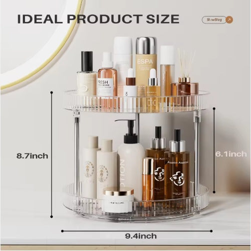 2-tier lazy susan spice organizer with clear spinning design displaying cosmetics and personal care bottles