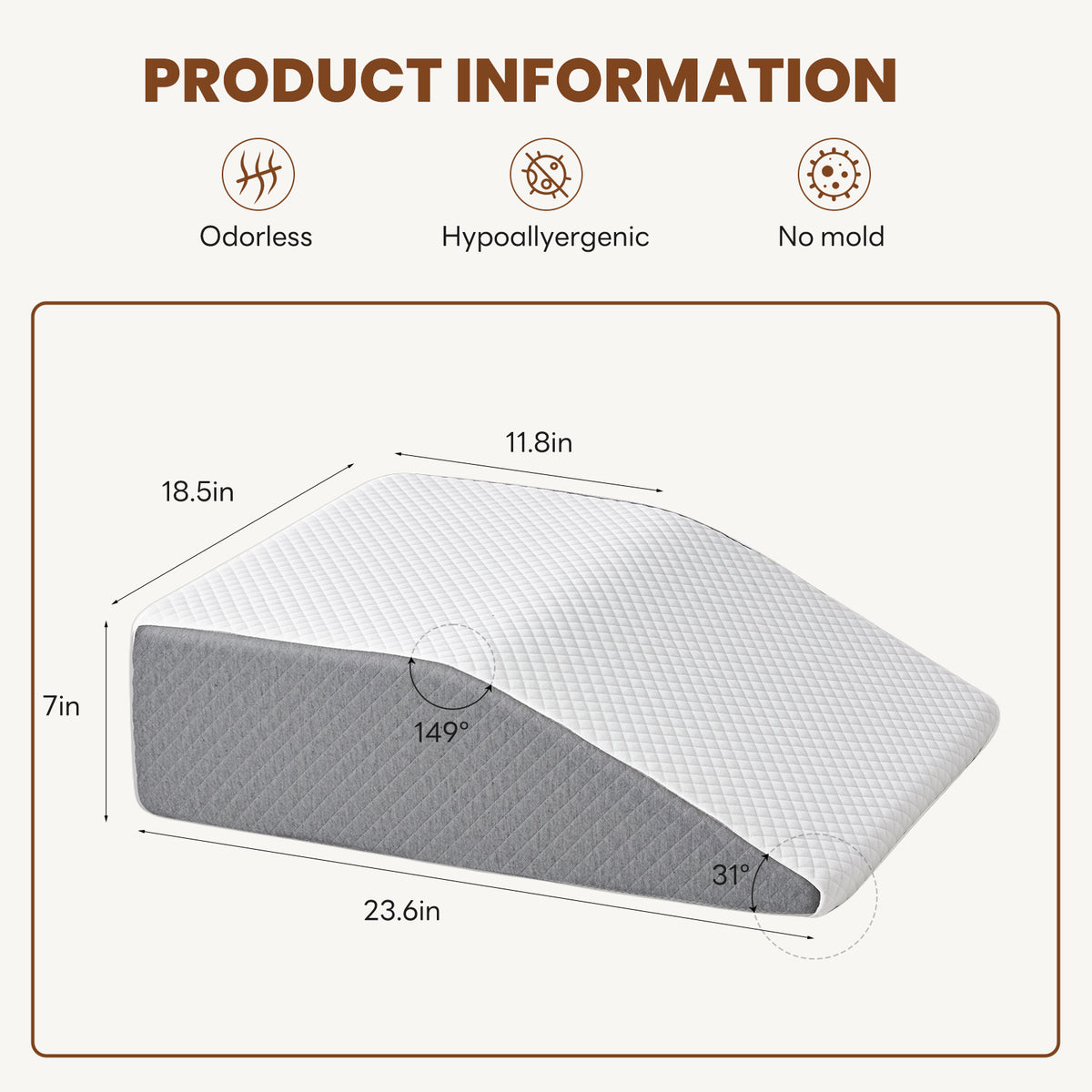 memory foam wedge pillow for bed with dimensions and product benefits