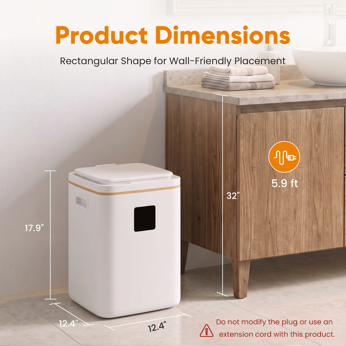Towel warmer dimensions 12.4 x 12.4 x 17.9 inches beside a bathroom vanity, 5.9 ft cord