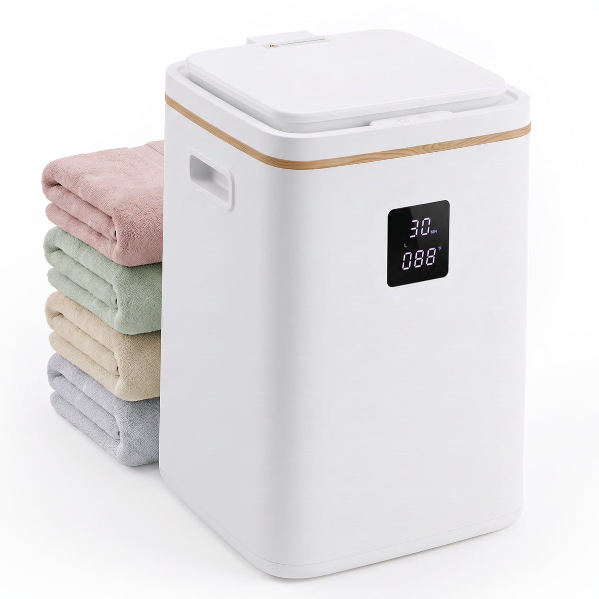 White towel warmer bucket with light wood trim, digital display and folded towels