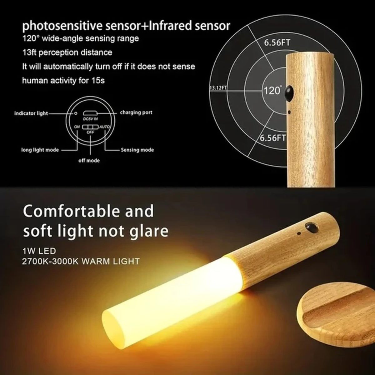 Rechargeable motion sensor night light with wood design showing sensor range, control buttons, and warm LED light