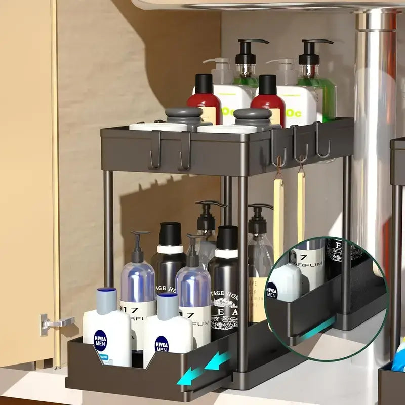 Effortlessly organize your space with a pull-out under-sink storage rack for easy access to bottles and supplies.