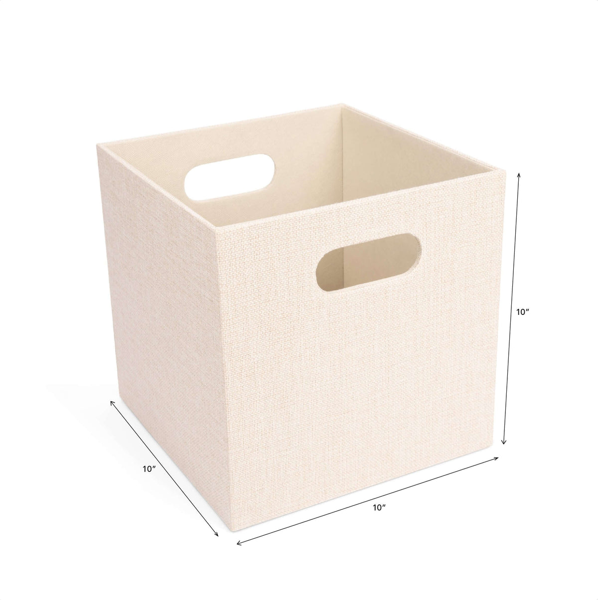 Fabric cube storage bin with handles in 10-inch size, cream colored, displayed with dimensions labeled