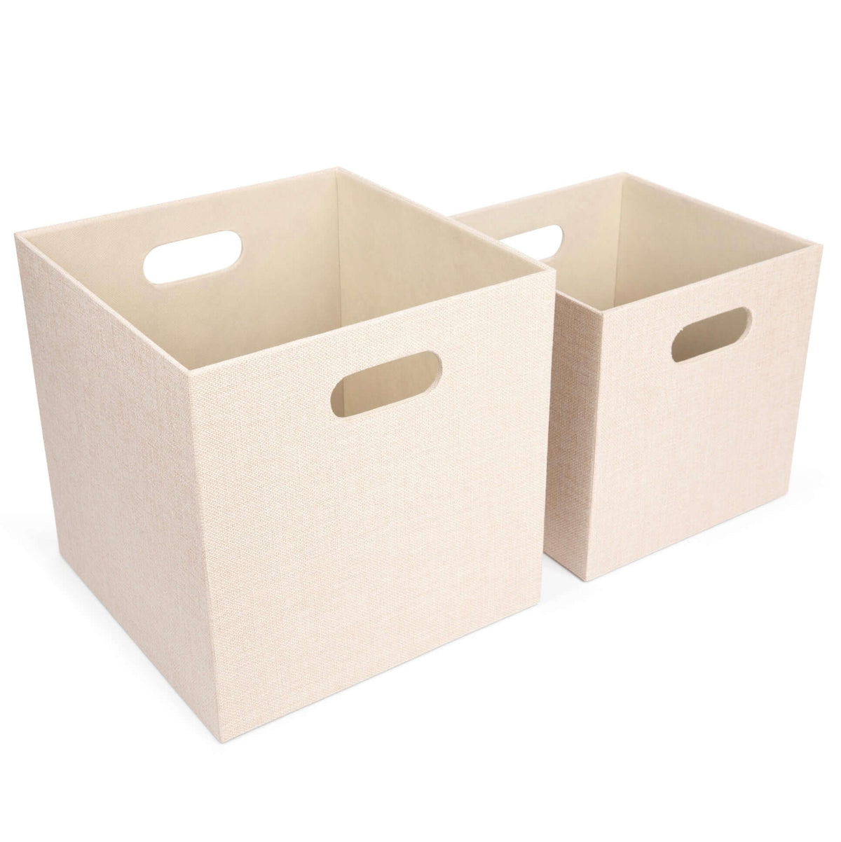 fabric cube storage bin with handles in cream, two sizes for organizing toys, towels, and linens on shelves