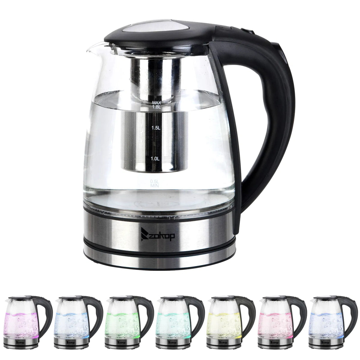 1.8L glass electric kettle with stainless steel tea infuser