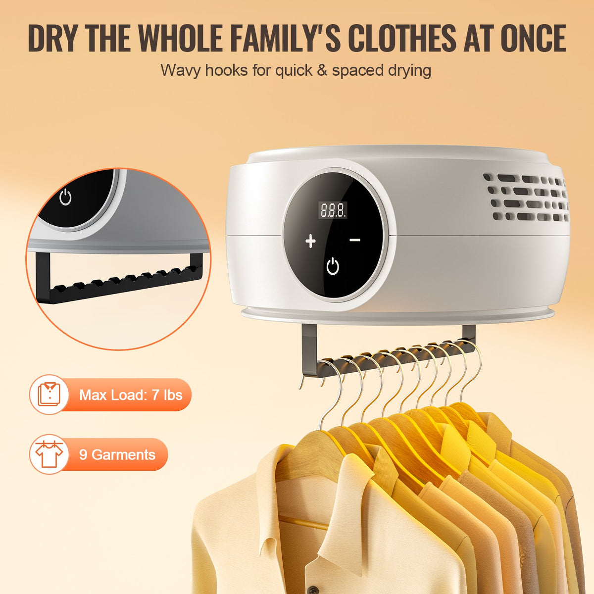 portable clothes dryer with bag featuring adjustable timer and wavy hooks for drying hanging garments