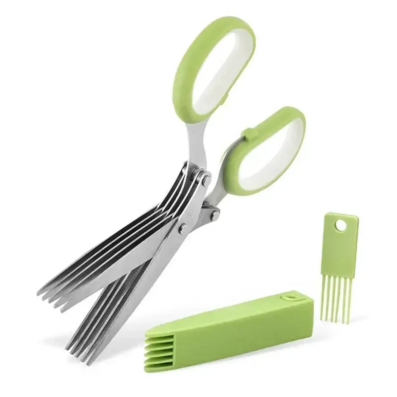 Five Blade Stainless Steel Herb Scissors shown with protective cover and cleaning tool in green.