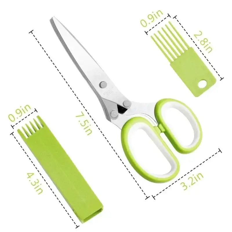 Five Blade Stainless Steel Herb Scissors with green handles and protective cover for safe storage