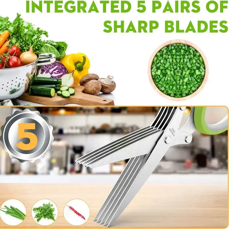 Five Blade Stainless Steel Herb Scissors with integrated sharp blades for efficient herb chopping.