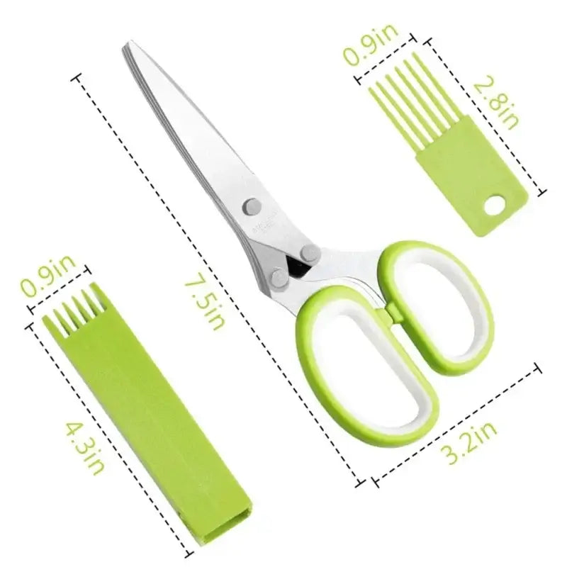 Five Blade Stainless Steel Herb Scissors with protective cover and herb comb, perfect for easy herb trimming.