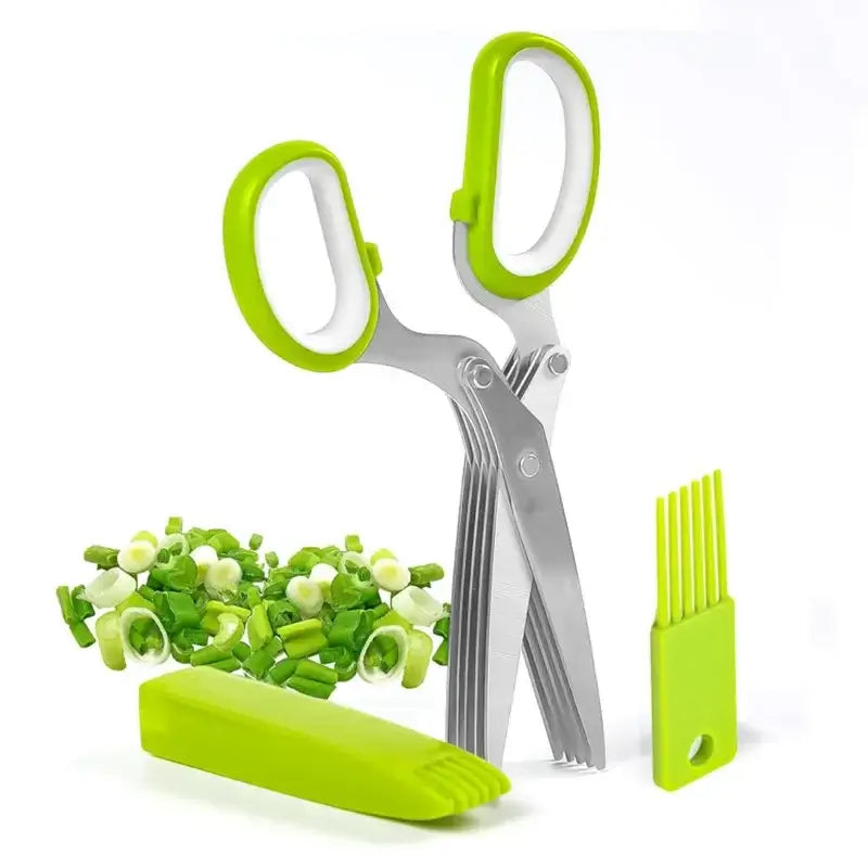 Five Blade Stainless Steel Herb Scissors with green handles and protective cover, perfect for chopping herbs.