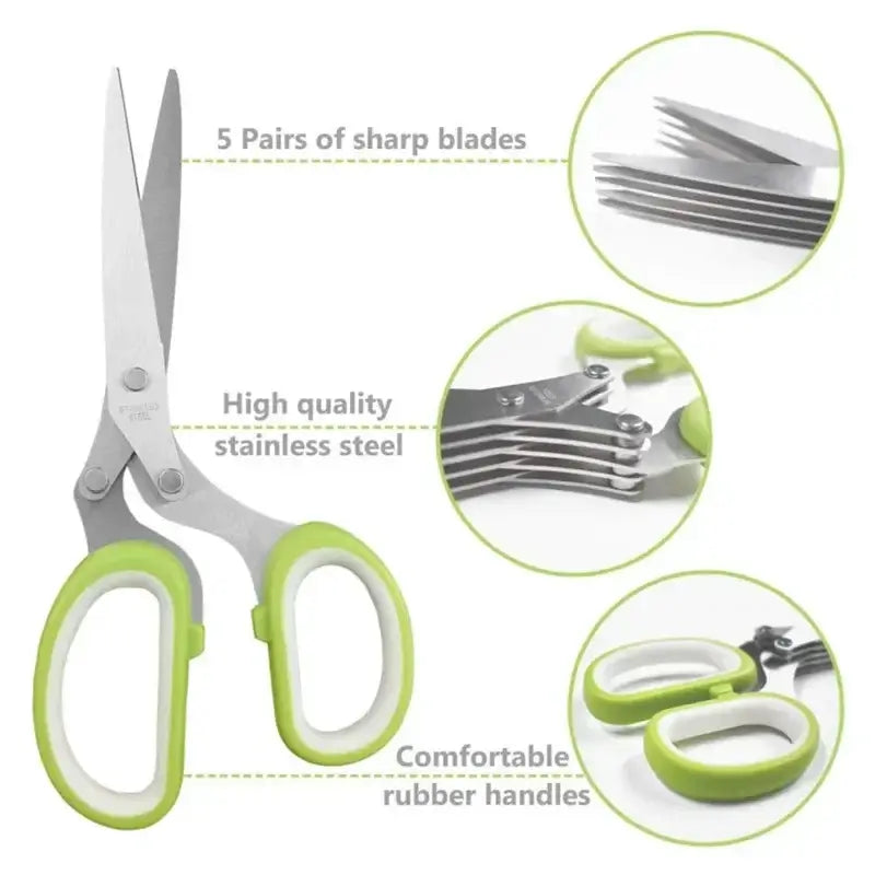 Five Blade Stainless Steel Herb Scissors featuring 5 pairs of sharp blades and comfortable rubber handles.