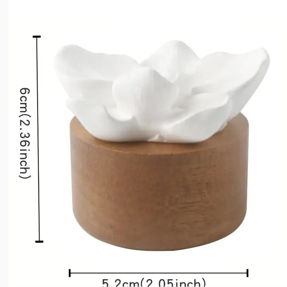 flower aroma diffuser for home with ceramic flower design and wooden base, 6cm height, 5.2cm diameter, perfect for adding fragrance.