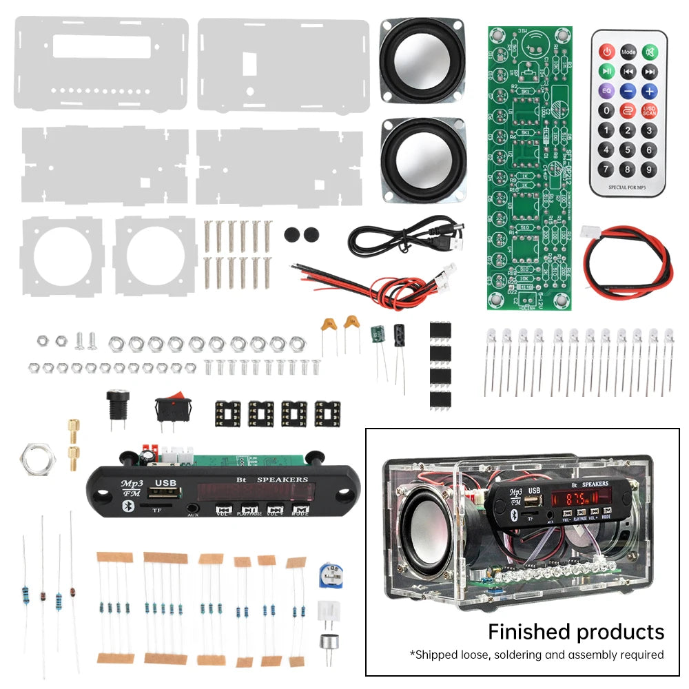 Bluetooth 5.0 Speaker DIY Kit – FM Radio, 12-LED Level Indicator, USB/SD Playback, Remote Control – Electronics & DIY