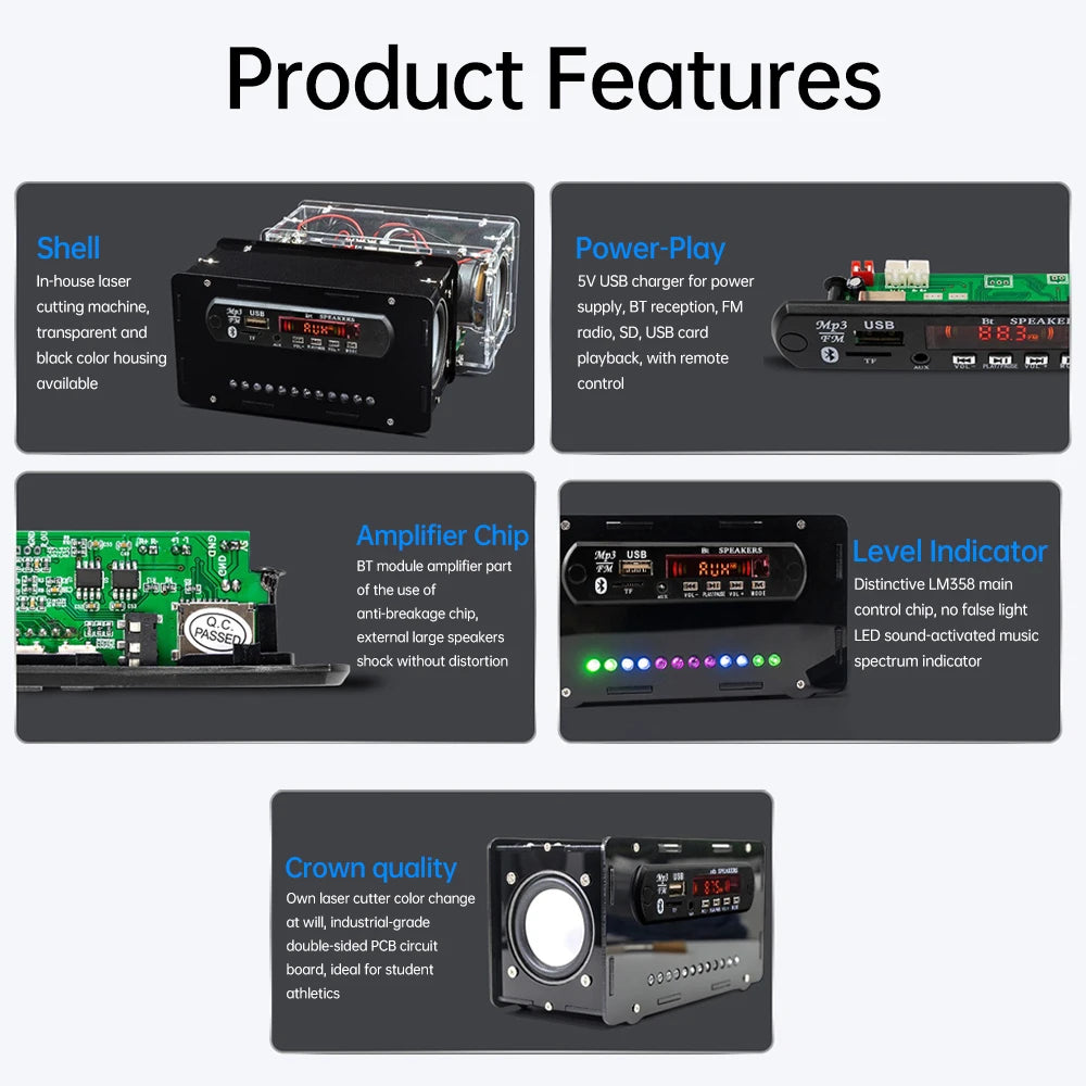 Bluetooth 5.0 Speaker DIY Kit – FM Radio, 12-LED Level Indicator, USB/SD Playback, Remote Control – Electronics & DIY