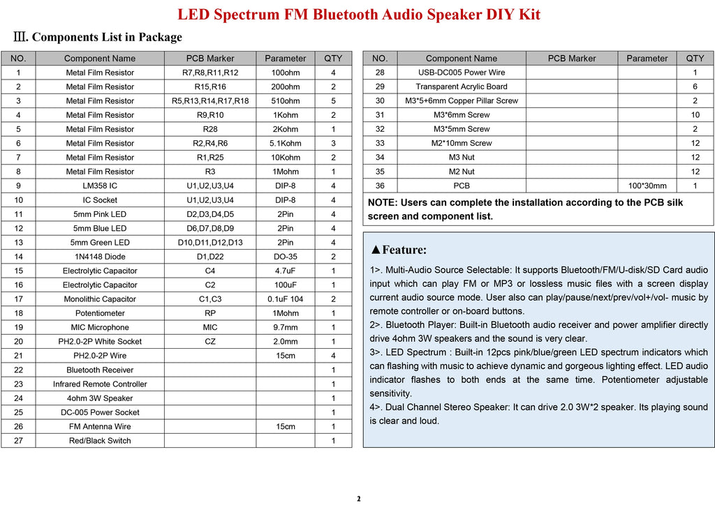 Bluetooth 5.0 Speaker DIY Kit – FM Radio, 12-LED Level Indicator, USB/SD Playback, Remote Control – Electronics & DIY