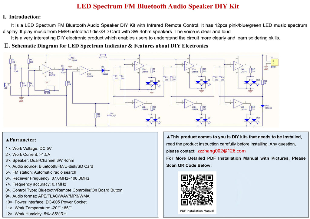 Bluetooth 5.0 Speaker DIY Kit – FM Radio, 12-LED Level Indicator, USB/SD Playback, Remote Control – Electronics & DIY