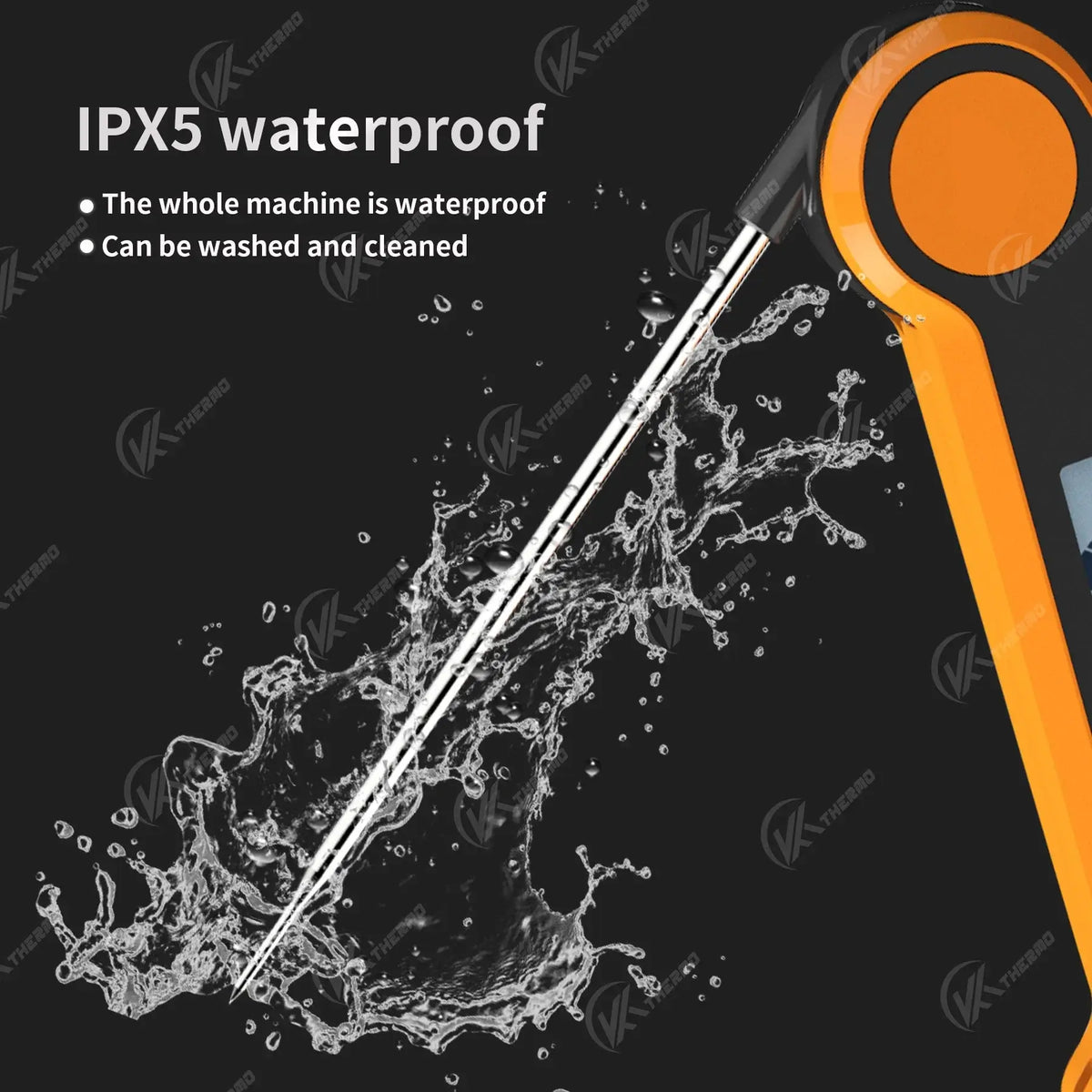 Foldable Probe Meat Thermometer with waterproof IPX5 rating, showcasing easy cleaning and durability.