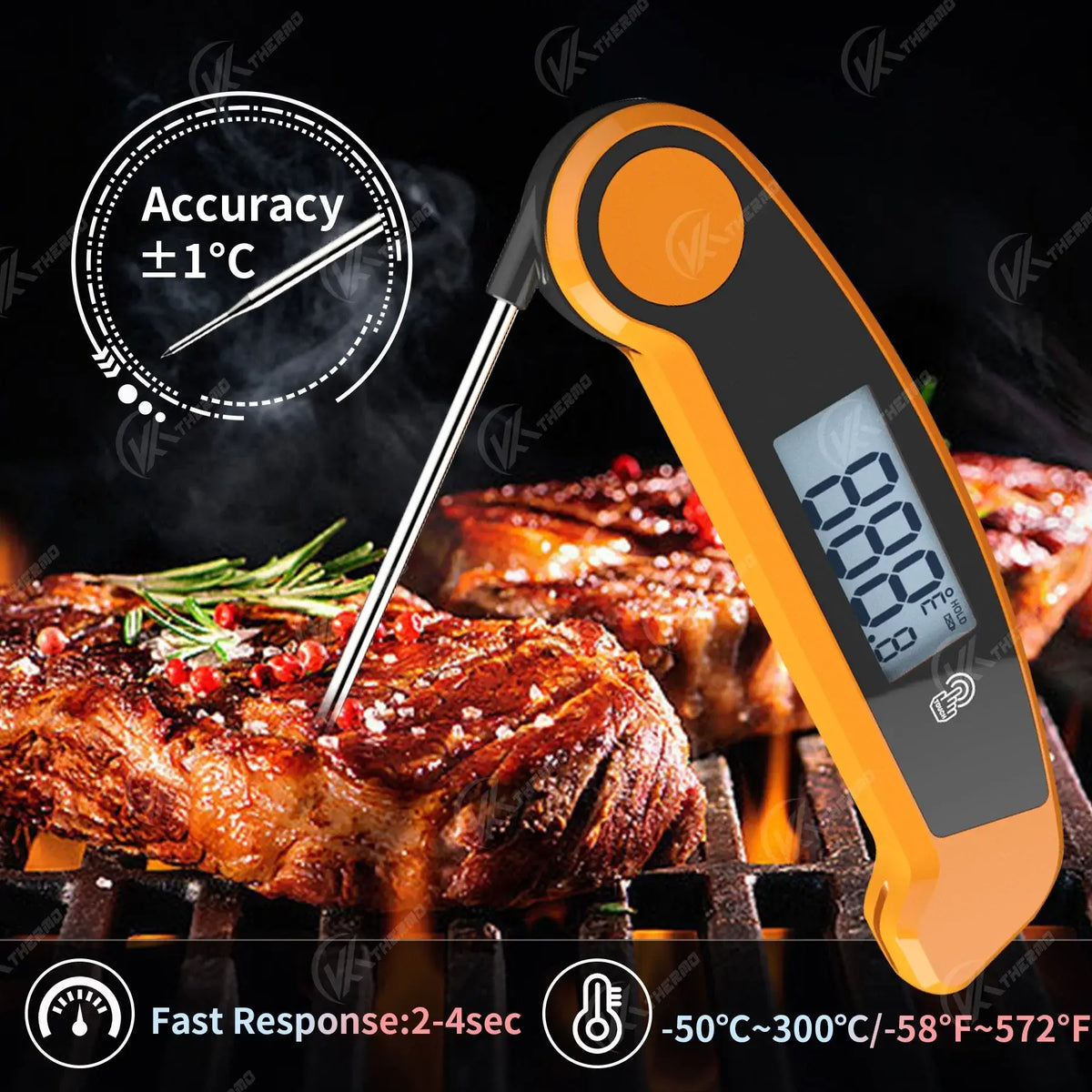 Foldable Probe Meat Thermometer measuring steak with fast response and accuracy ±1°C for perfect doneness.