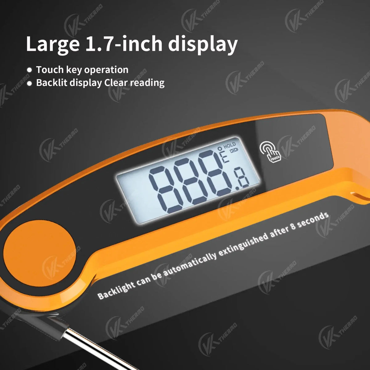 Foldable Probe Meat Thermometer with large 1.7-inch display for easy and accurate temperature readings.