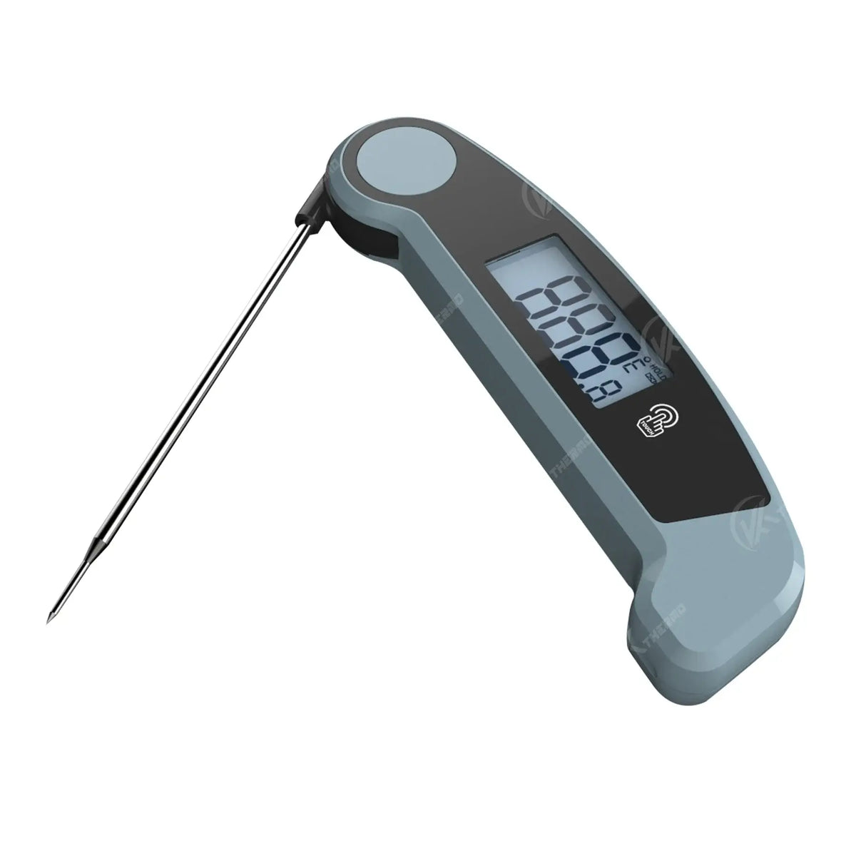Foldable Probe Meat Thermometer in blue with stainless-steel probe, fast readings from -50 to 300°C.