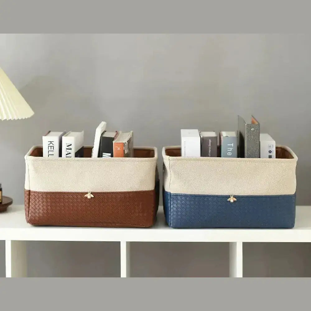 Foldable storage basket with metal frame for organizing books and items, designed to fit various home spaces.