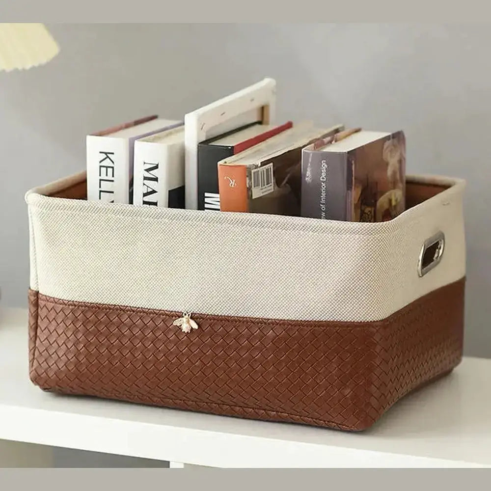 Stylish foldable storage basket with metal frame, perfect for organizing books and decluttering your space.