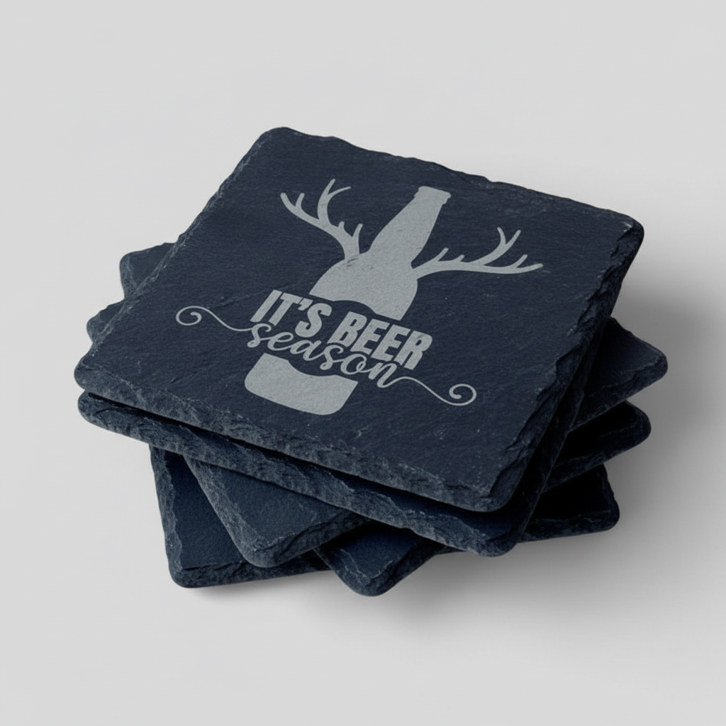 Four Beer Season slate coasters stacked together showing the engraved design.