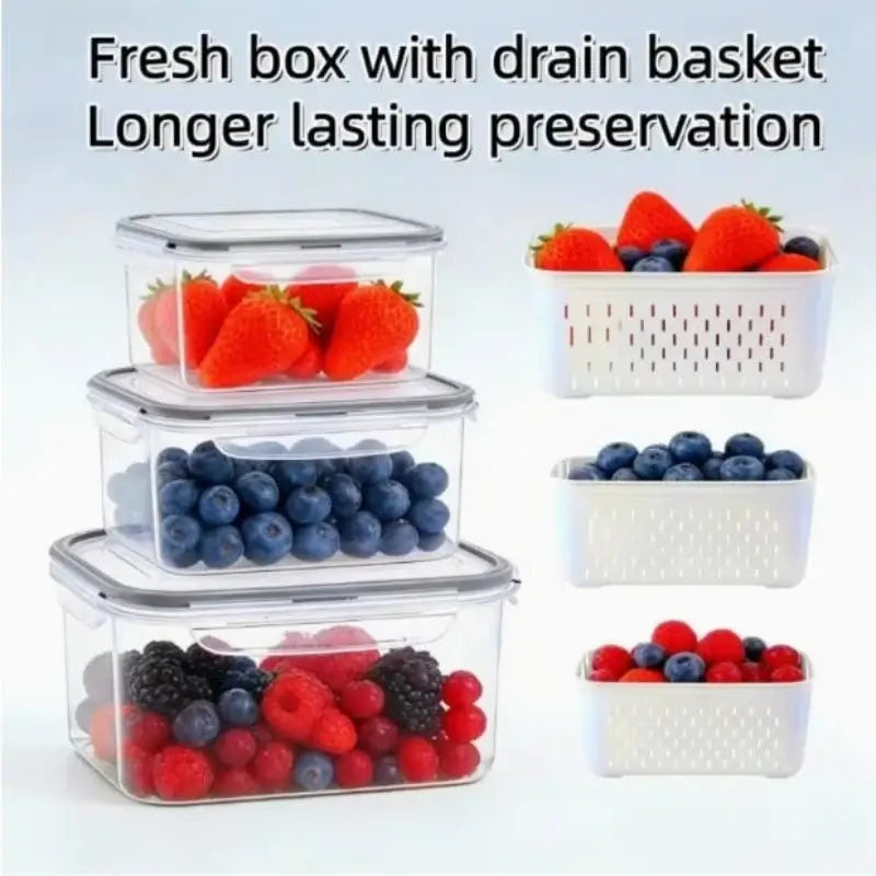 Leak-Proof Food Storage Containers, 4- or 6-Piece Sets with drain basket for longer lasting preservation of berries.