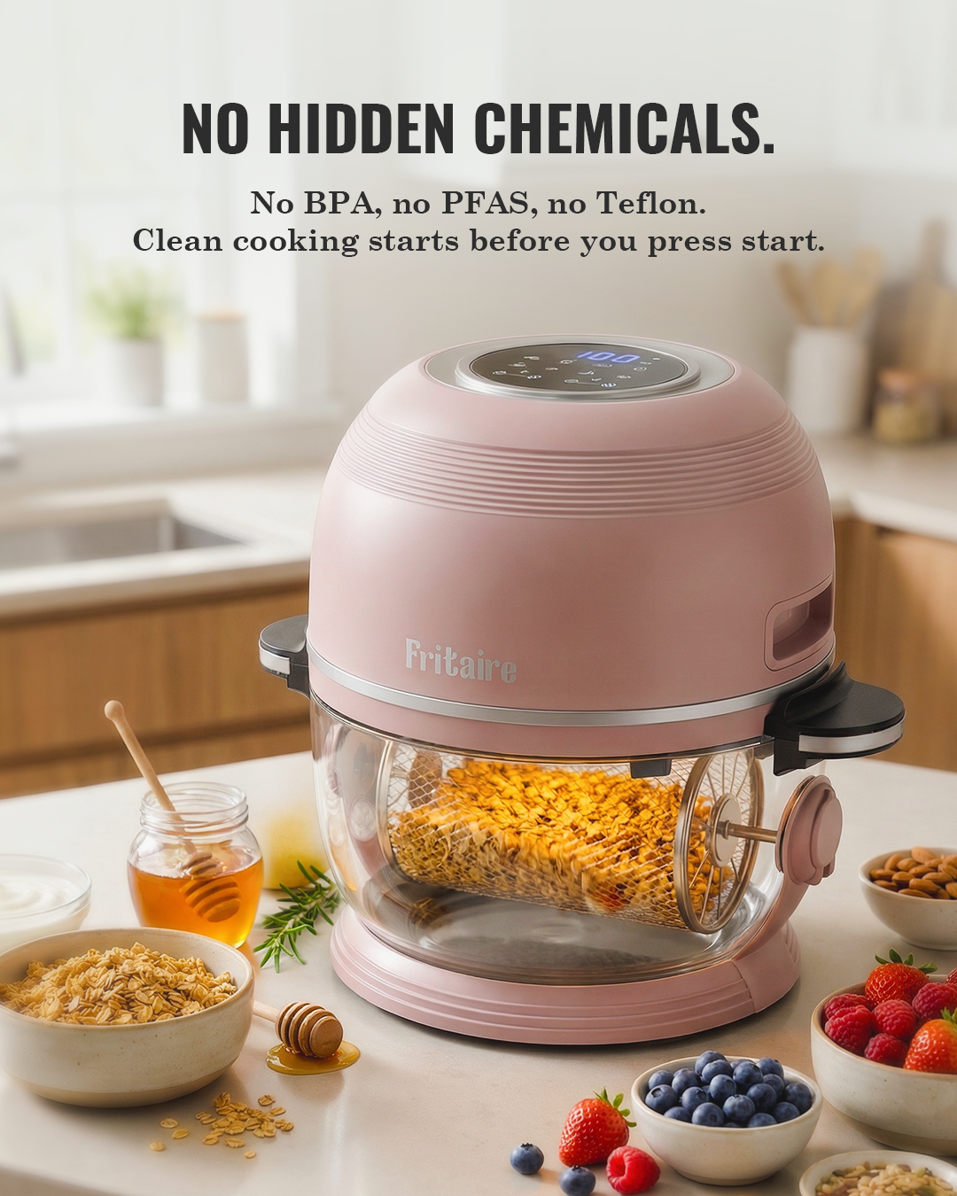 Self-cleaning air fryer in mauve rose, additional product angle.