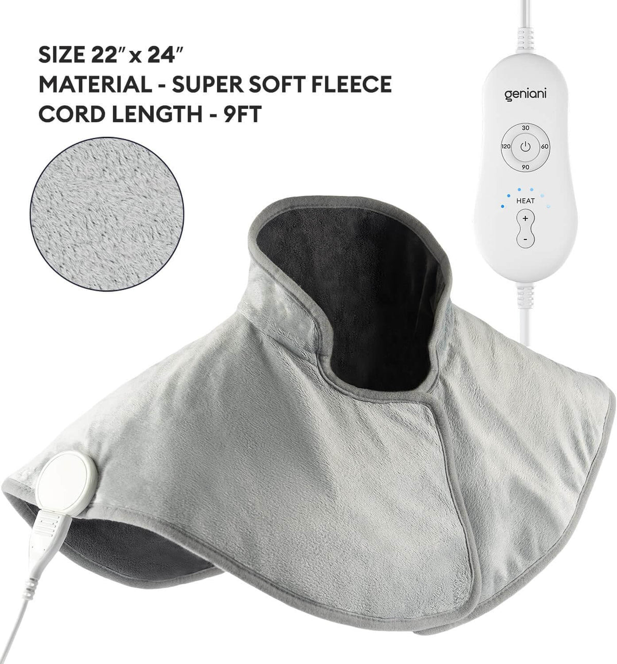 Geniani neck and shoulder heating wrap in Mist Gray with controller showing heat settings and timer options