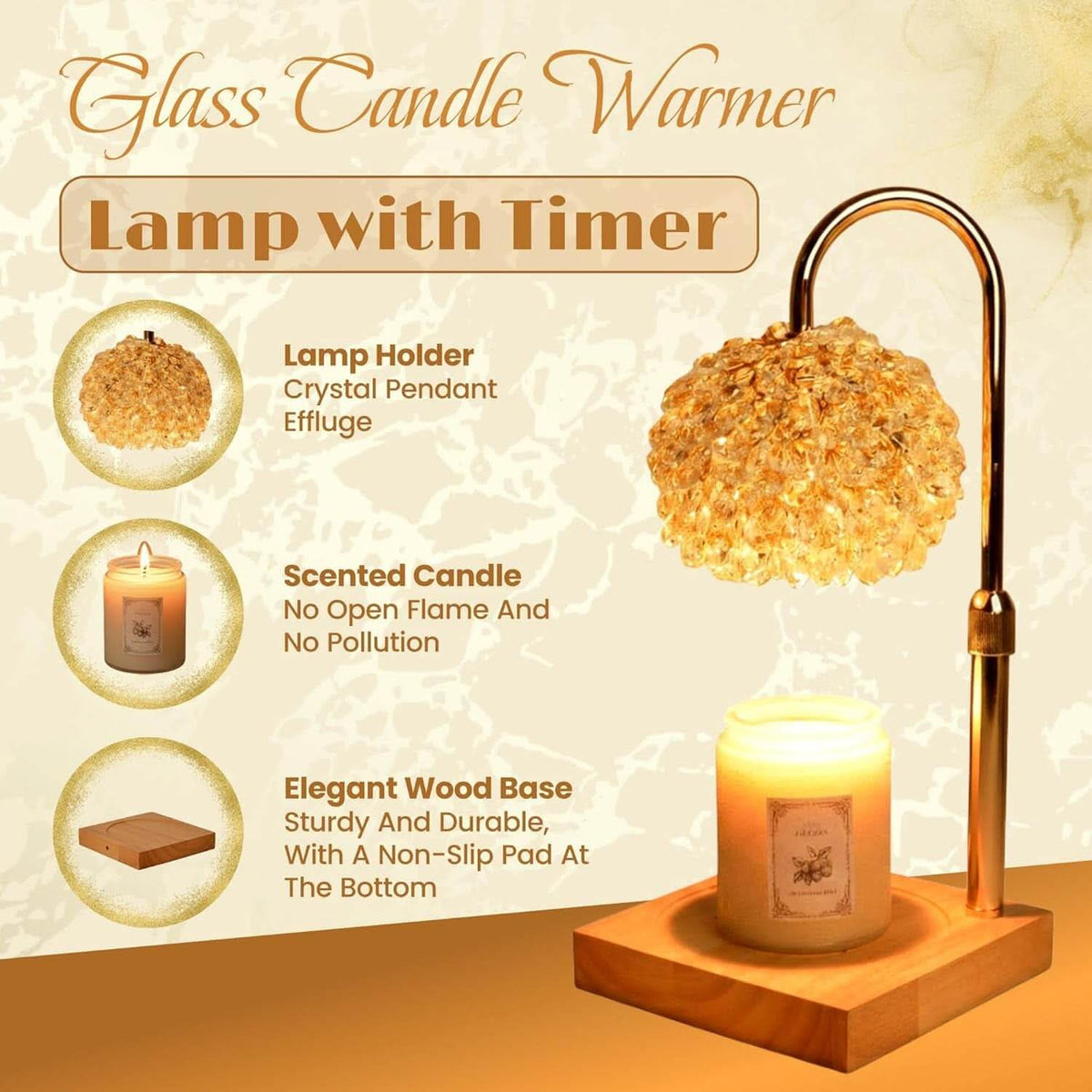 Crystal candle warmer lamp with a timer and adjustable height.