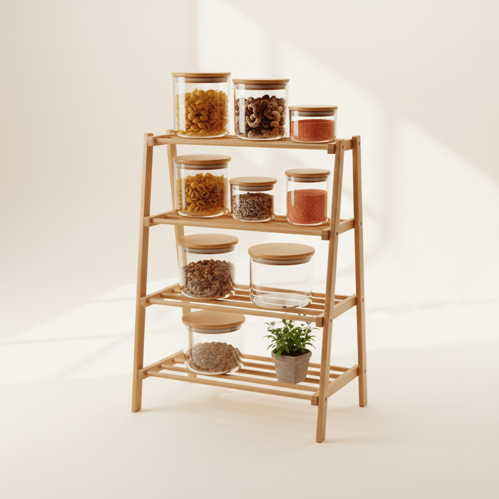 Round glass storage containers arranged on a kitchen shelf ready for use.