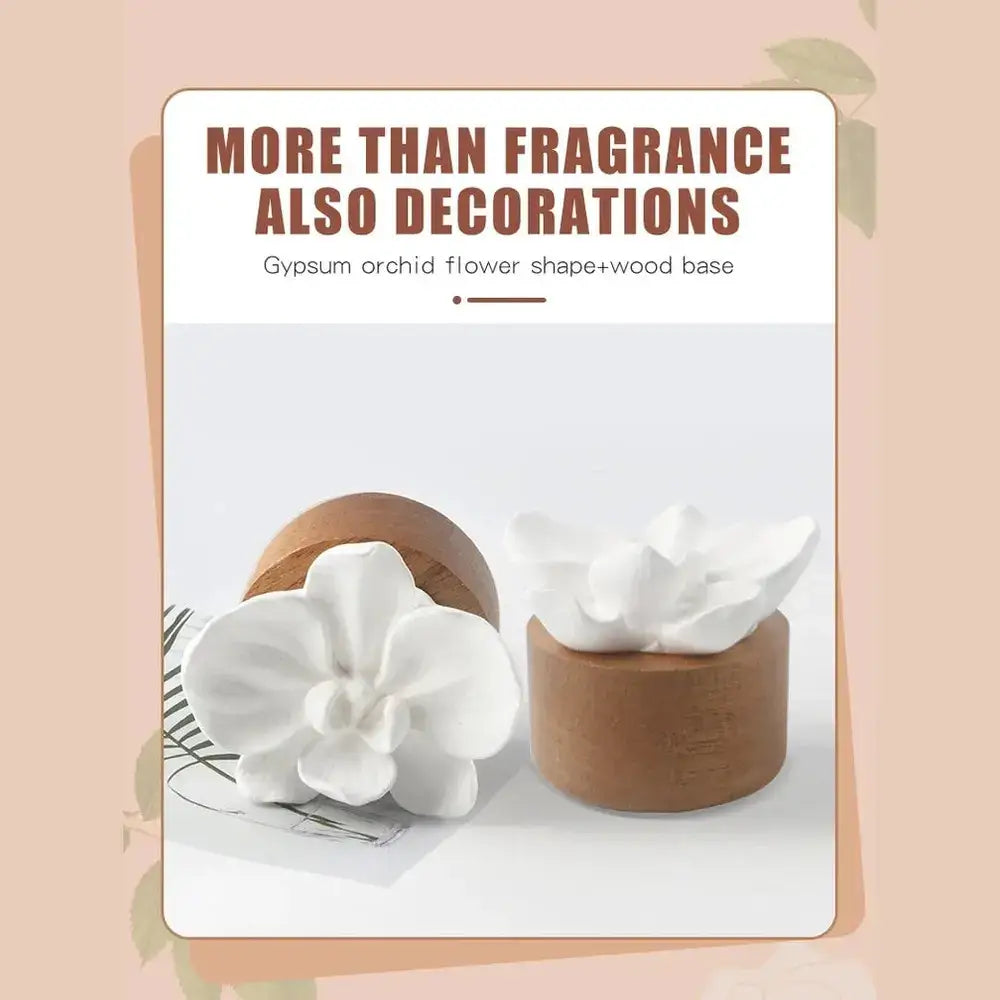 Flower aroma diffuser for home featuring gypsum orchid design and wood base for elegant fragrance and decor.