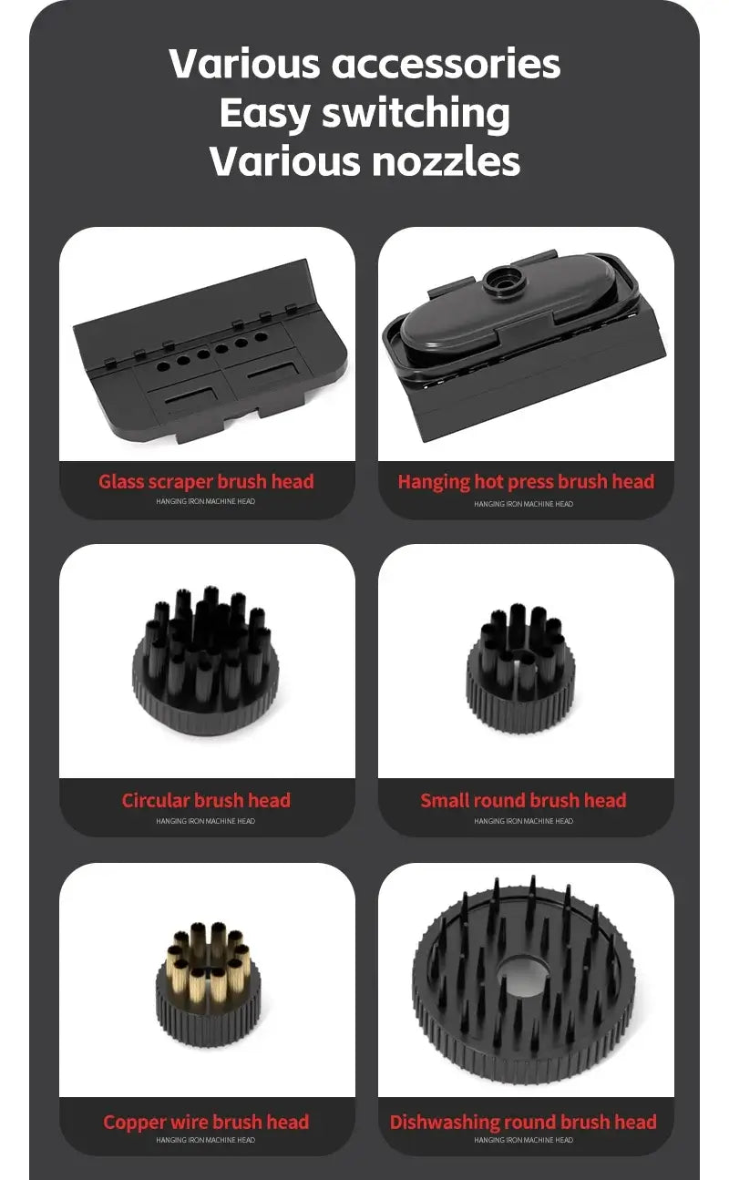 Various accessories and nozzles for the 1500W Handheld Steam Cleaner, 110V/220V, featuring easy switching.