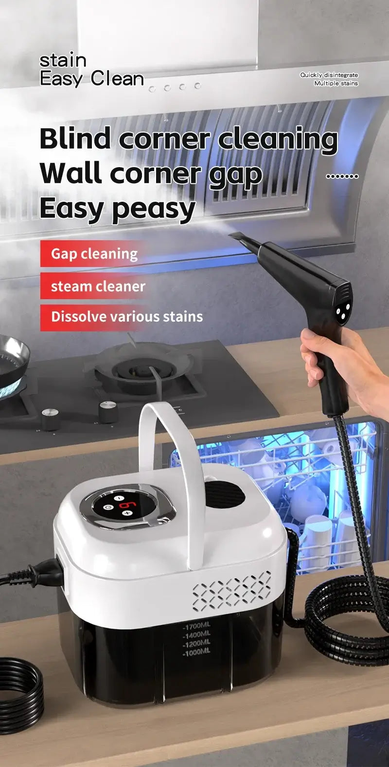 1500W Handheld Steam Cleaner, 110V/220V for efficient gap cleaning and stain removal in the kitchen.