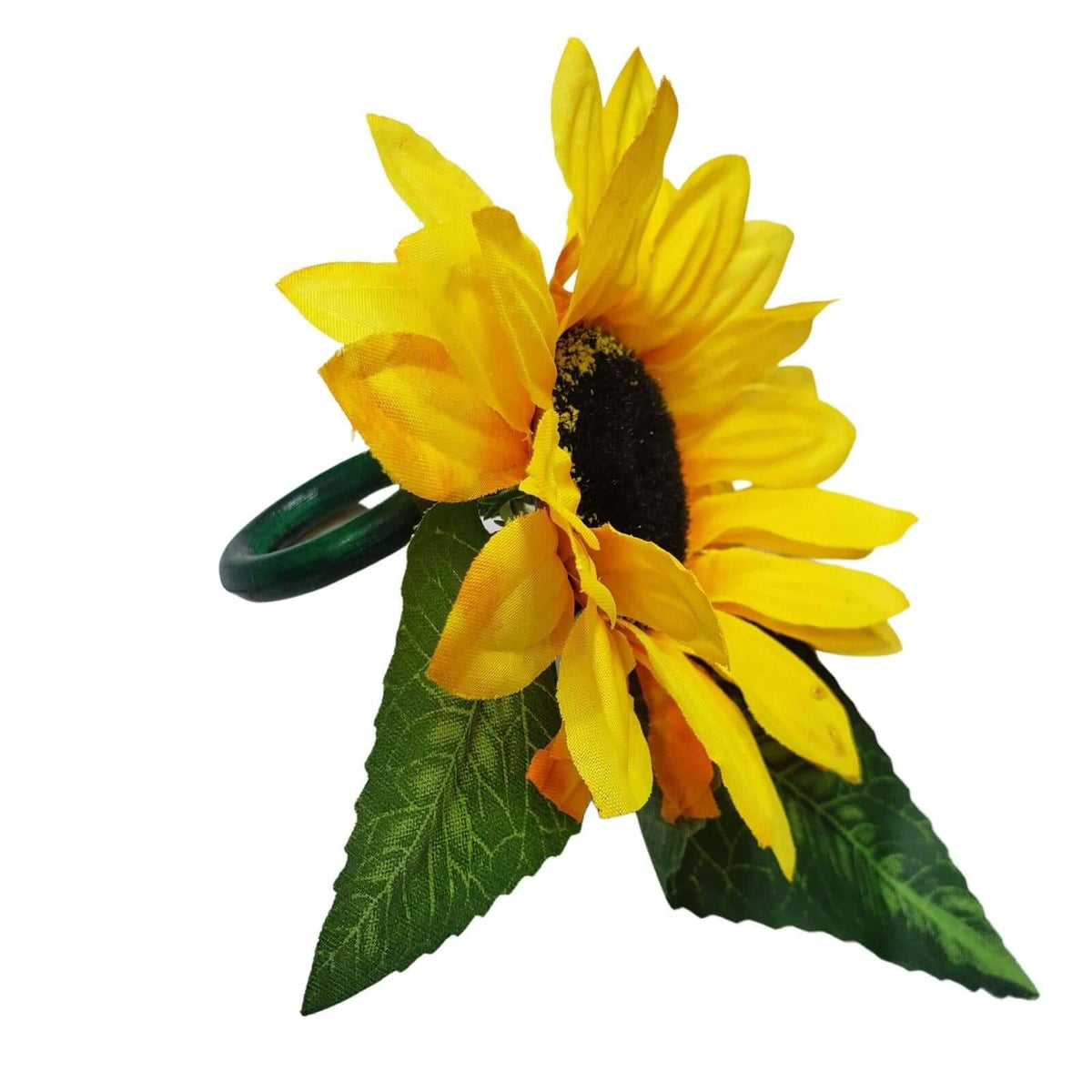 Set of four handmade sunflower napkin rings for summer tables and celebrations.