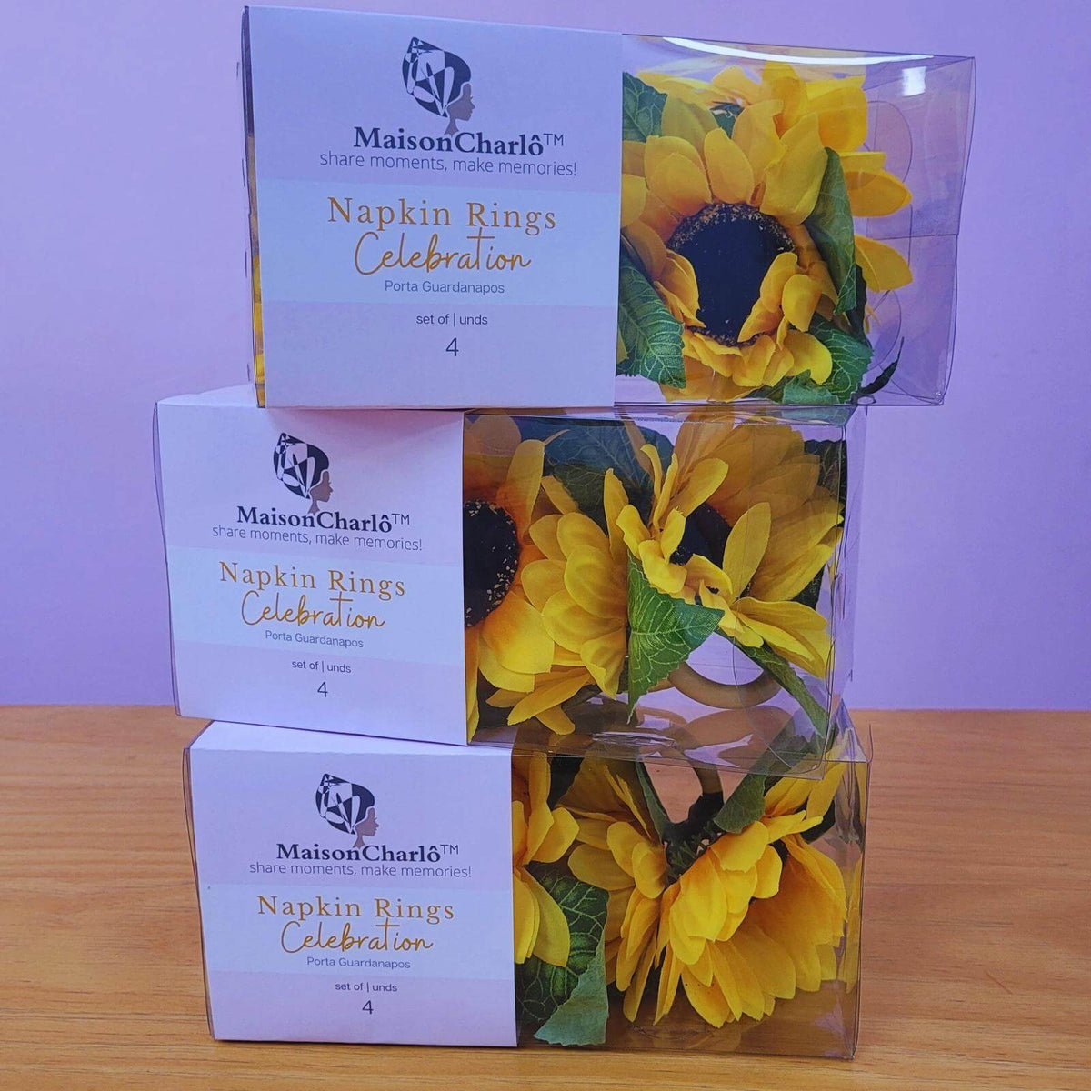 Set of four handmade sunflower napkin rings for summer tables and celebrations.