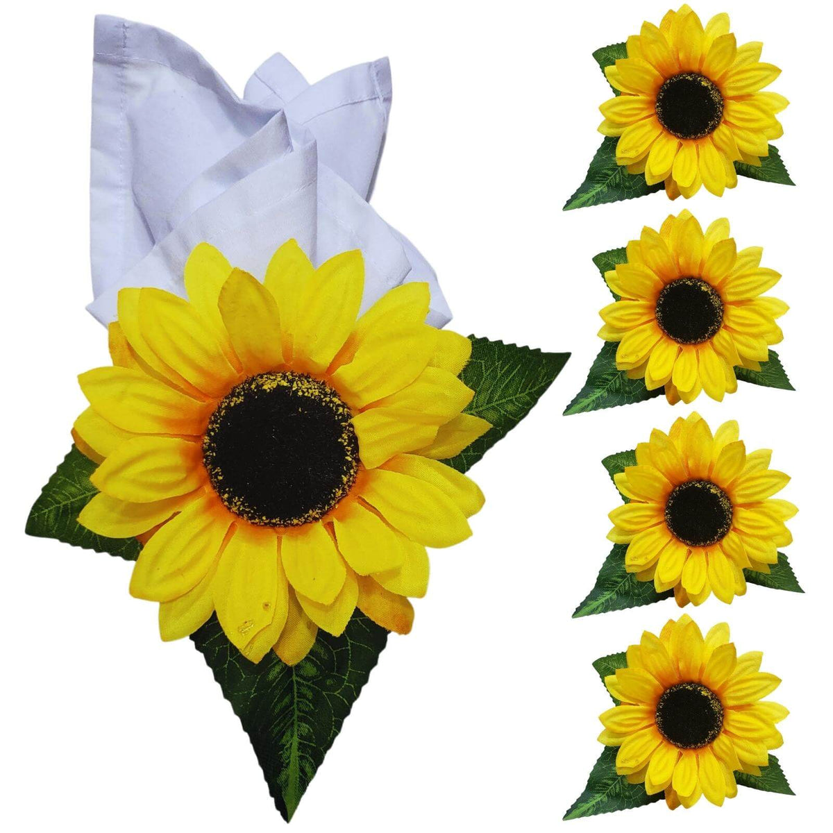 Set of four handmade sunflower napkin rings for summer tables and celebrations.