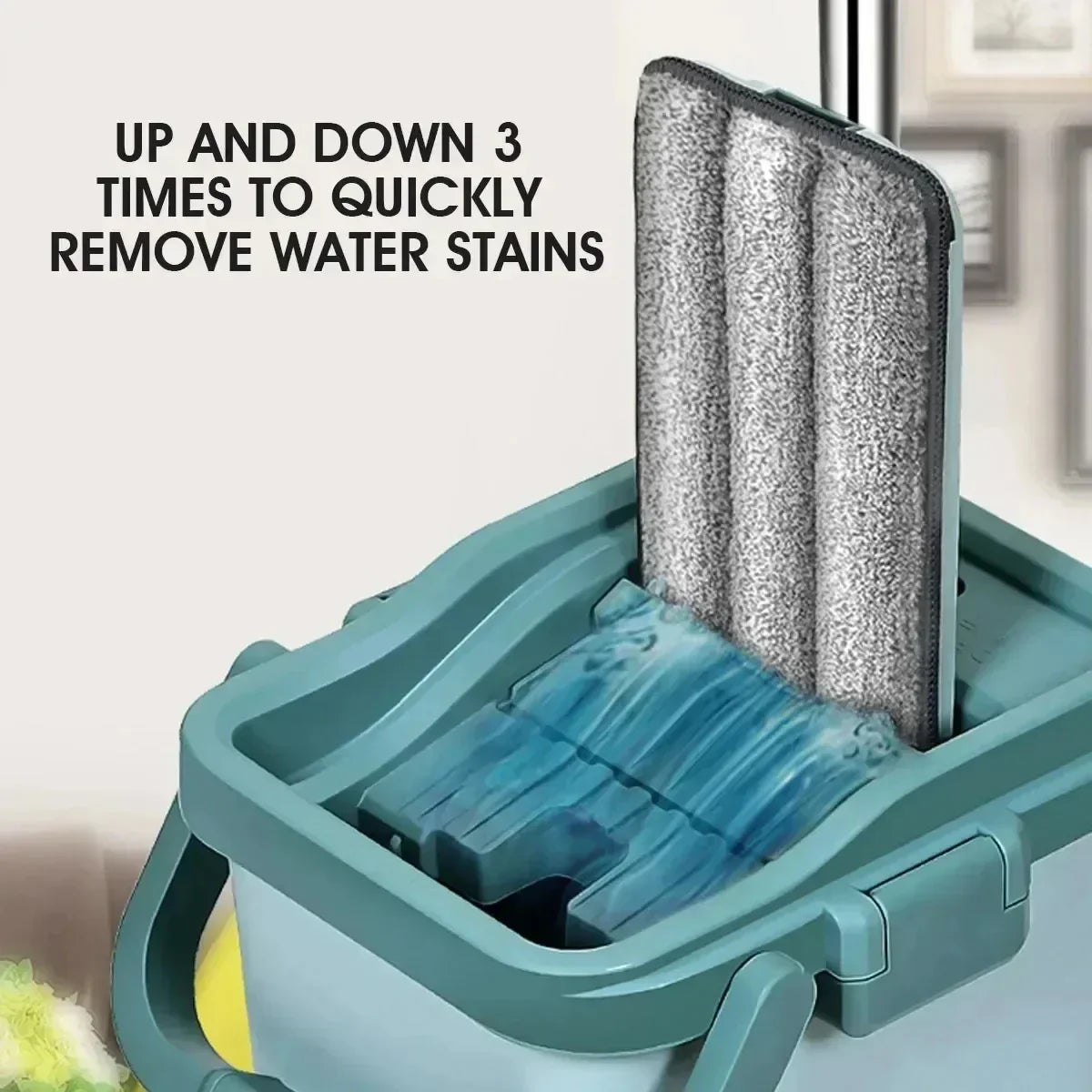 Flat squeeze mop with a 360-degree swivel head and hands-free wringing bucket.