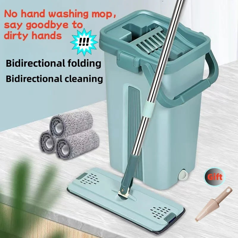 Flat squeeze mop with a 360-degree swivel head and hands-free wringing bucket.