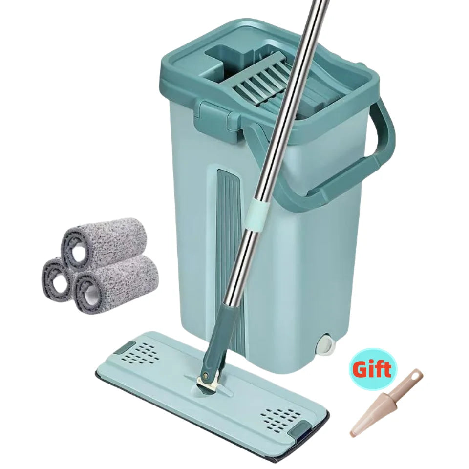 Flat squeeze mop with a 360-degree swivel head and hands-free wringing bucket.