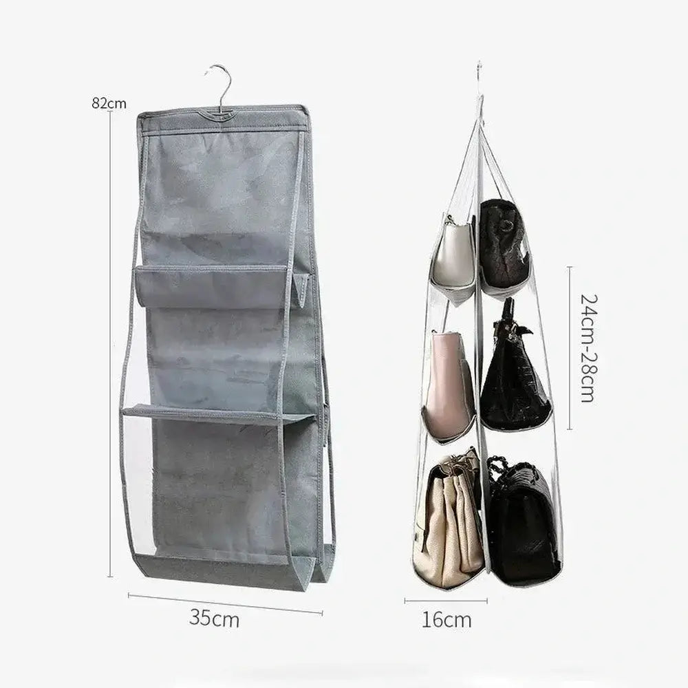 Close-up of the hanging handbag organizer's clear pocket construction.