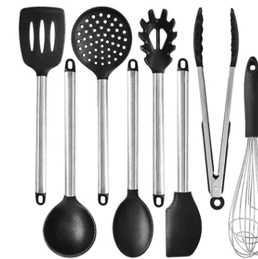 Heat-resistant silicone kitchen utensil set, safe up to 446°F and dishwasher safe.