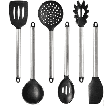 Heat-resistant silicone kitchen utensil set, safe up to 446°F and dishwasher safe.