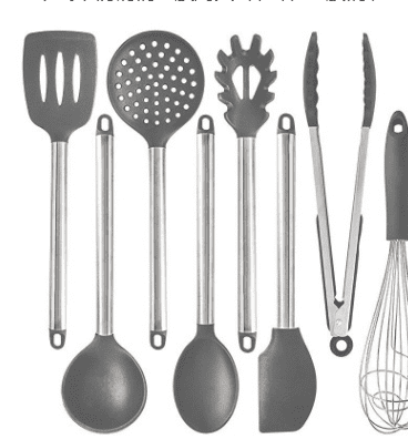 Heat-resistant silicone kitchen utensil set, safe up to 446°F and dishwasher safe.
