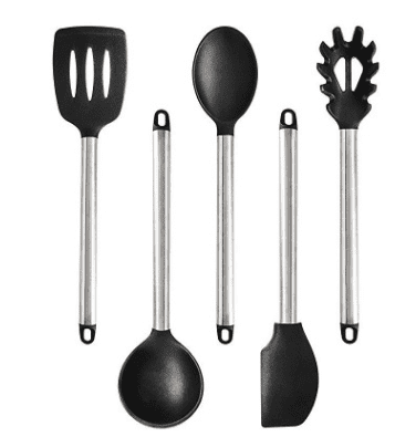 Heat-resistant silicone kitchen utensil set, safe up to 446°F and dishwasher safe.